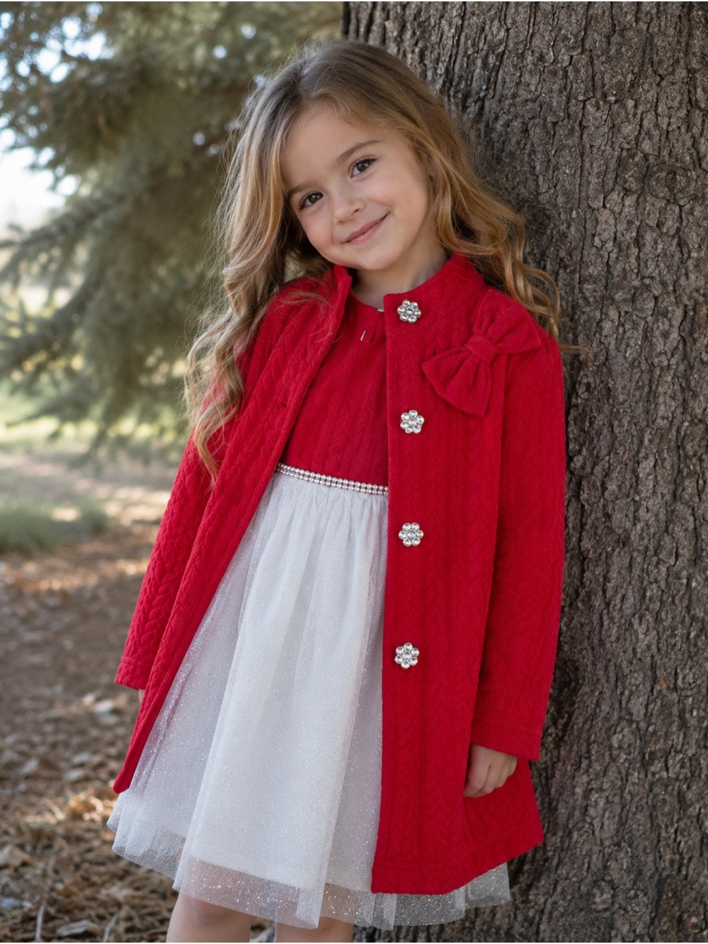 Girls Red Bow Coat with Decorative Buttons and Short Sleeve Dress Size 6